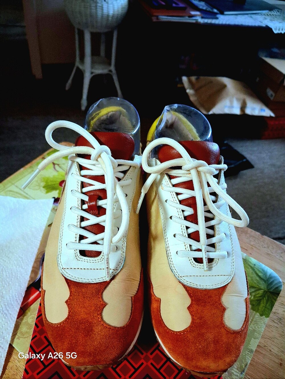 Tory Burch Tan, Brown & White Leather Suede Low-Top Trainers Size 7.5
